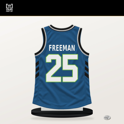 Enrique Freeman number 25 Minnesota Timberwolves jersey stand with included black base.