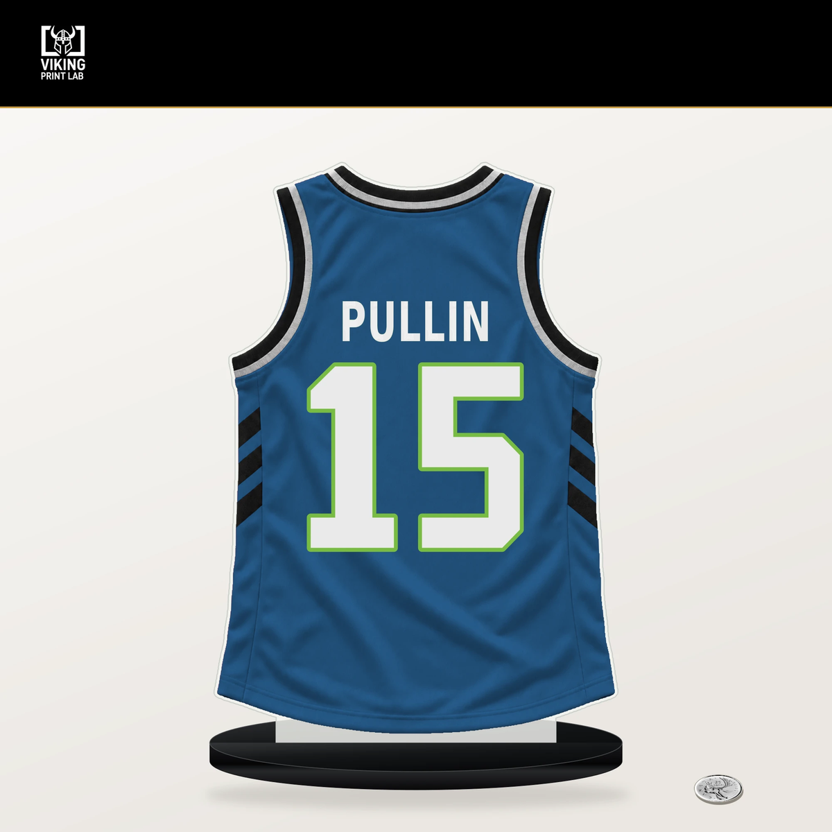 Zyon Pullin number 15 Minnesota Timberwolves jersey stand with included black base.