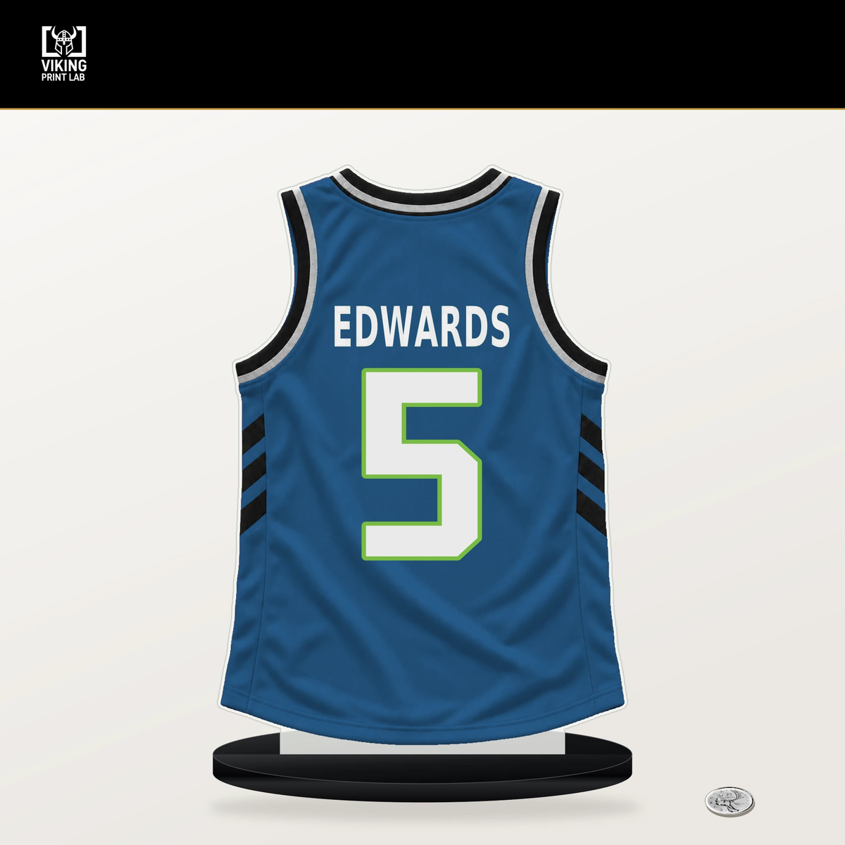 Anthony Edwards number 5 Minnesota Timberwolves jersey stand with included black base.