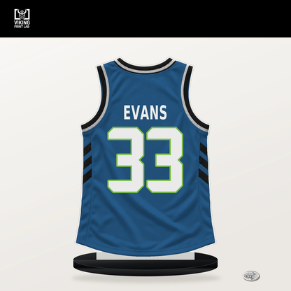 Isaiah Evans number 33 Minnesota Timberwolves jersey stand with included black base.