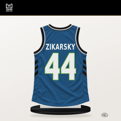 Rocco Zikarsky number 44 Minnesota Timberwolves jersey stand with included black base.