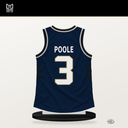 Jordan Poole number 3 New Orleans Pelicans jersey stand with included black base.