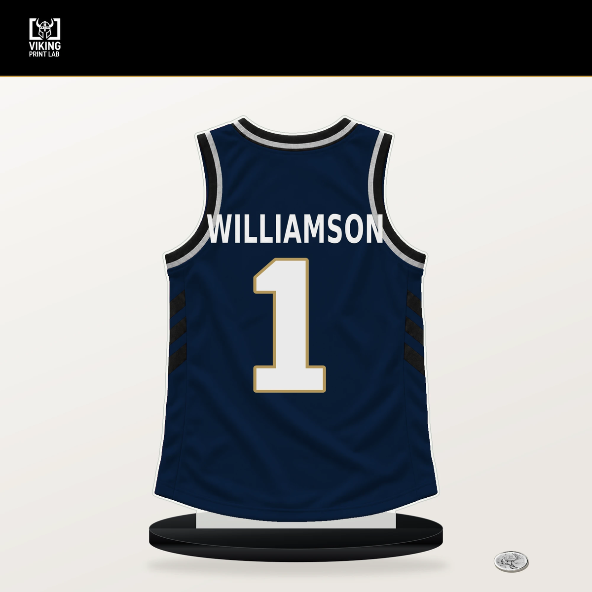 Zion Williamson number 1 New Orleans Pelicans jersey stand with included black base.
