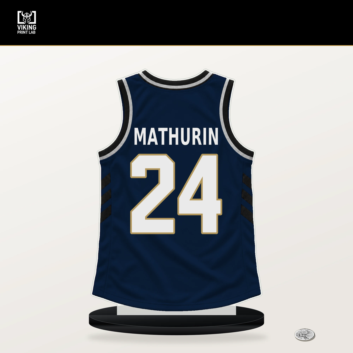 Bennedict Mathurin number 24 New Orleans Pelicans jersey stand with included black base.