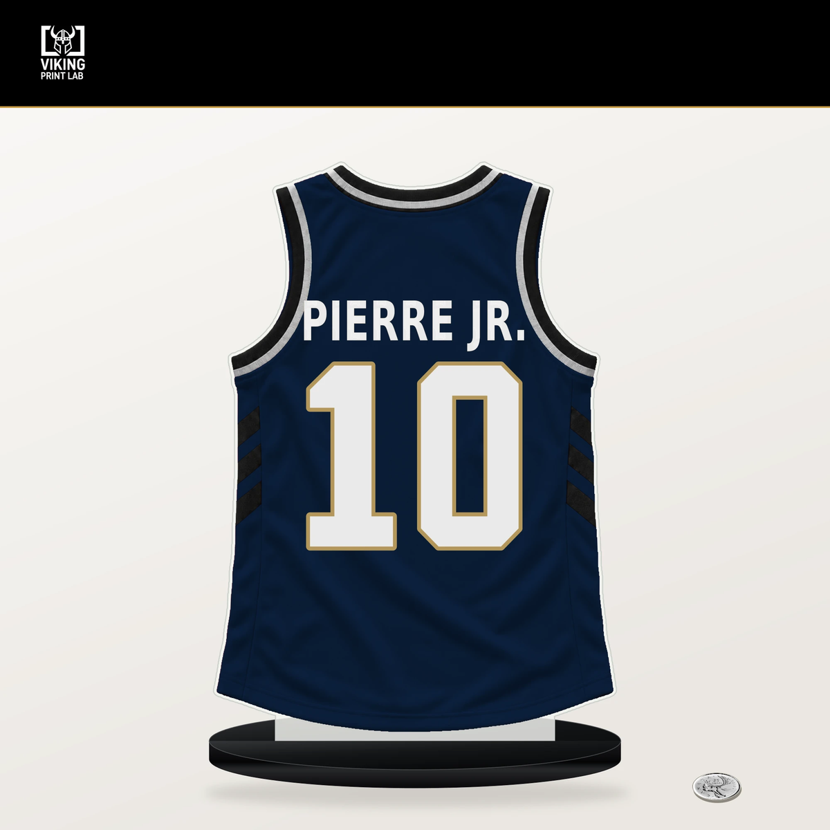 Jaron Pierre Jr. number 10 New Orleans Pelicans jersey stand with included black base.