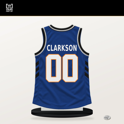 Jordan Clarkson number 00 New York Knicks jersey stand with included black base.
