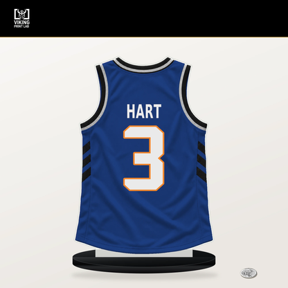 Josh Hart number 3 New York Knicks jersey stand with included black base.