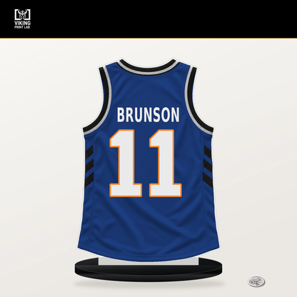 Jalen Brunson number 11 New York Knicks jersey stand with included black base.