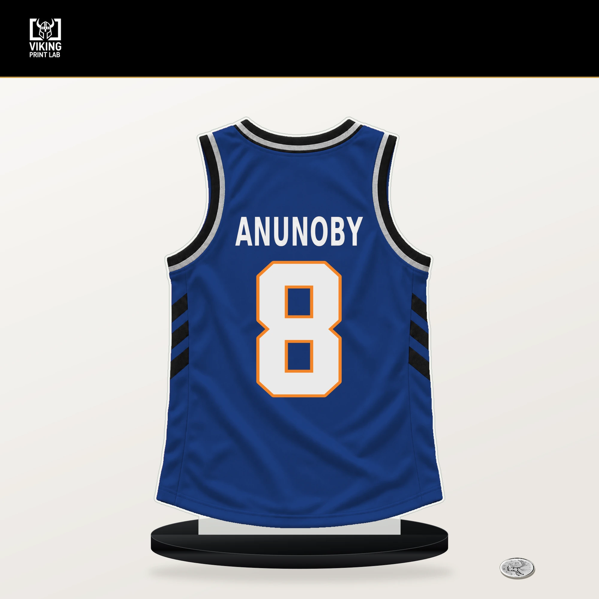 OG Anunoby number 8 New York Knicks jersey stand with included black base.