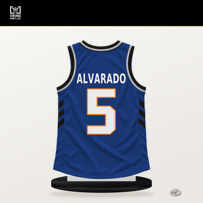 Jose Alvarado number 5 New York Knicks jersey stand with included black base.