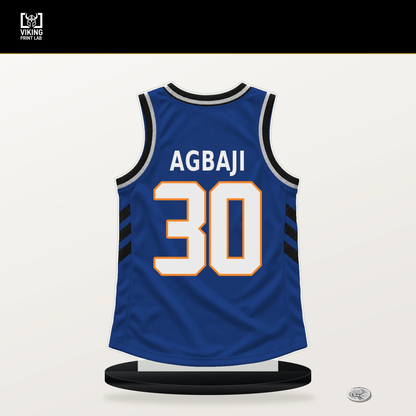 Ochai Agbaji number 30 New York Knicks jersey stand with included black base.