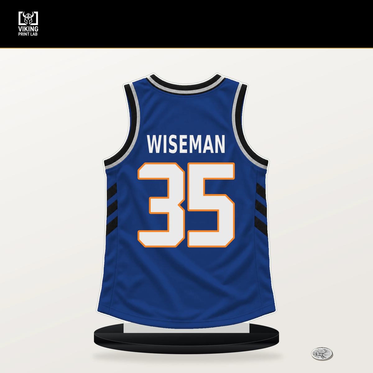 James Wiseman number 35 New York Knicks jersey stand with included black base.