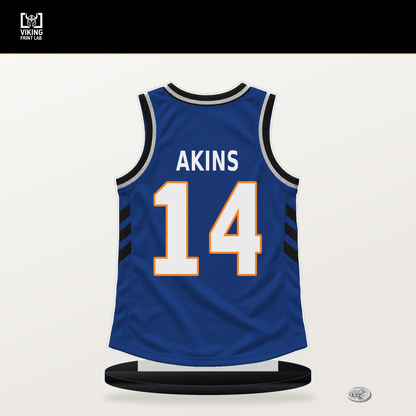 Jaden Akins number 14 New York Knicks jersey stand with included black base.