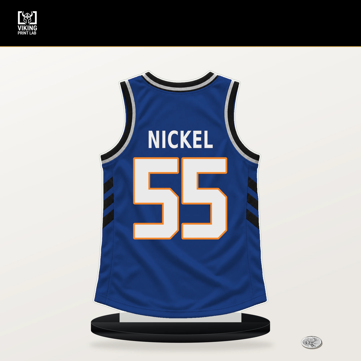 Tyler Nickel number 55 New York Knicks jersey stand with included black base.