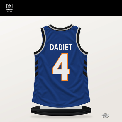 Pacome Dadiet number 4 New York Knicks jersey stand with included black base.