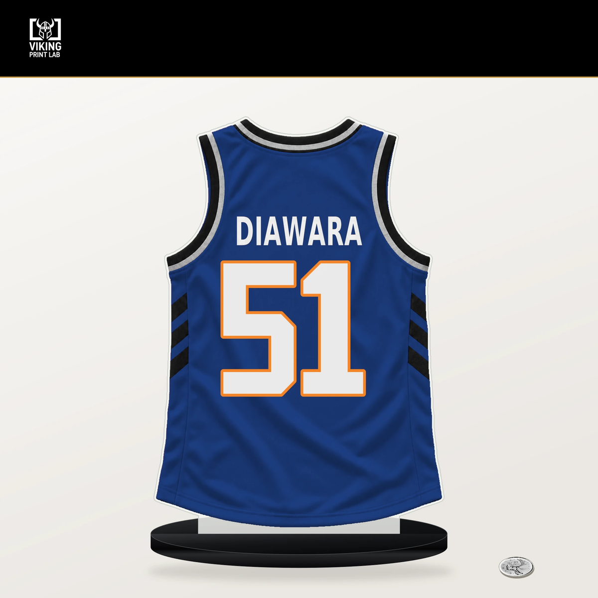 Mohamed Diawara number 51 New York Knicks jersey stand with included black base.