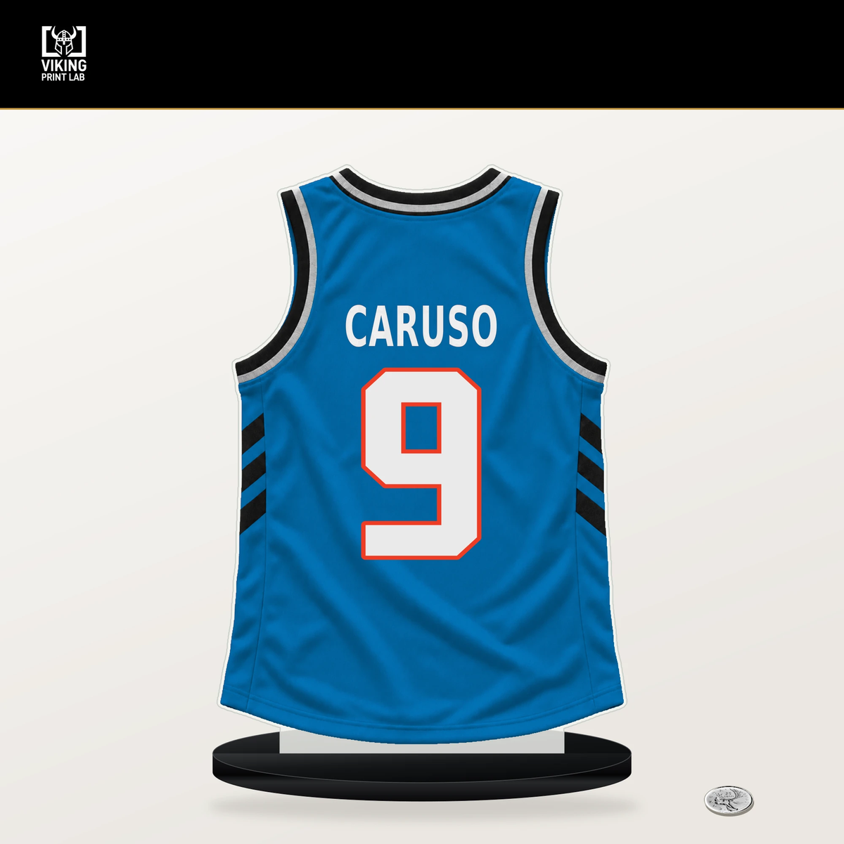 Alex Caruso number 9 Oklahoma City Thunder jersey stand with included black base.