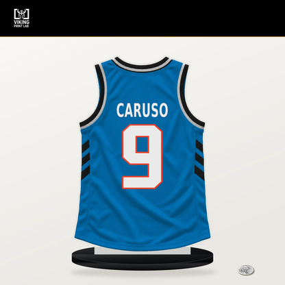 Alex Caruso number 9 Oklahoma City Thunder jersey stand with included black base.