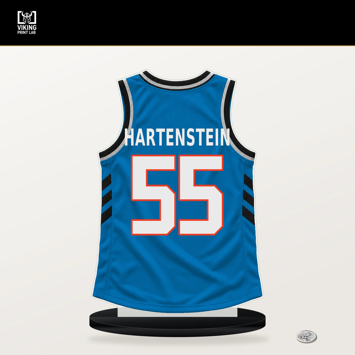 Isaiah Hartenstein number 55 Oklahoma City Thunder jersey stand with included black base.