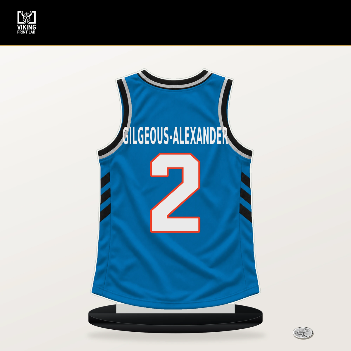 Shai Gilgeous-Alexander number 2 Oklahoma City Thunder jersey stand with included black base.