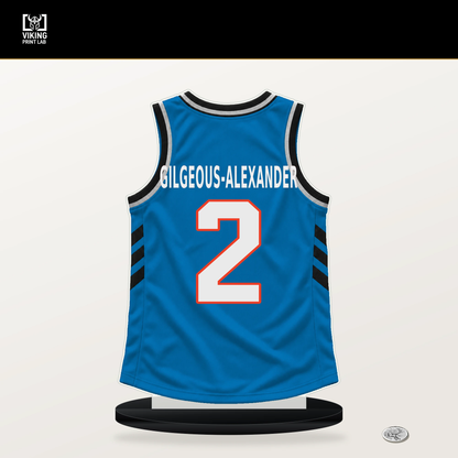 Shai Gilgeous-Alexander number 2 Oklahoma City Thunder jersey stand with included black base.
