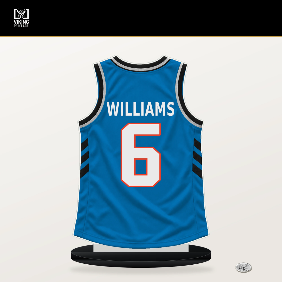 Jaylin Williams number 6 Oklahoma City Thunder jersey stand with included black base.