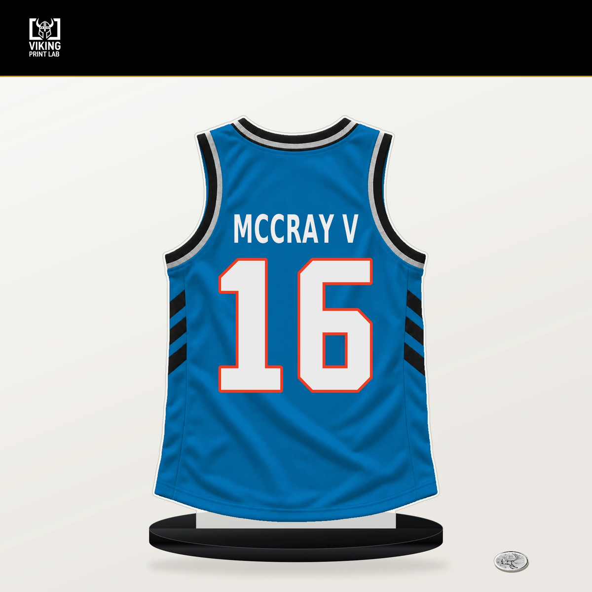 Robert McCray V number 16 Oklahoma City Thunder jersey stand with included black base.