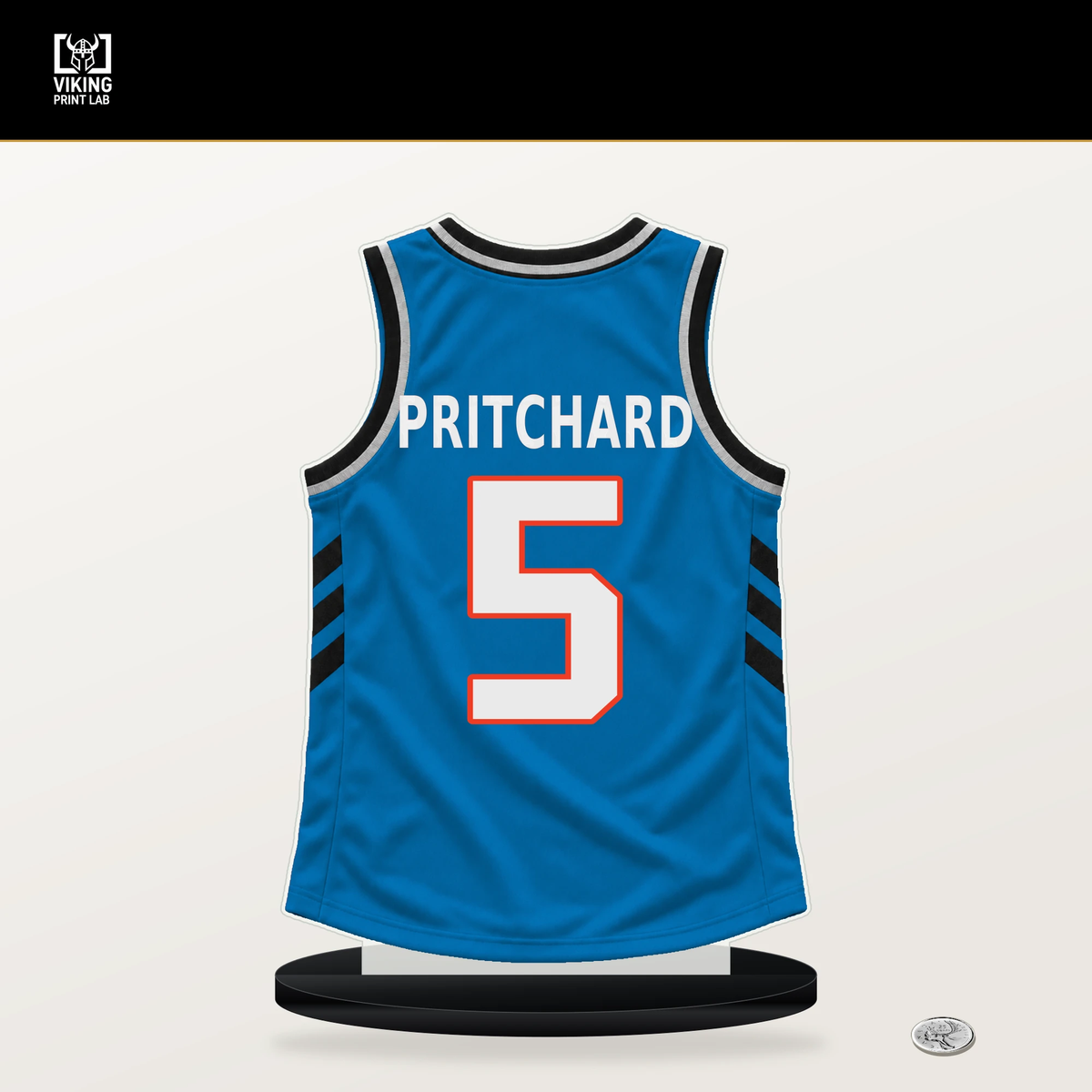 Anthony Pritchard number 5 Oklahoma City Thunder jersey stand with included black base.