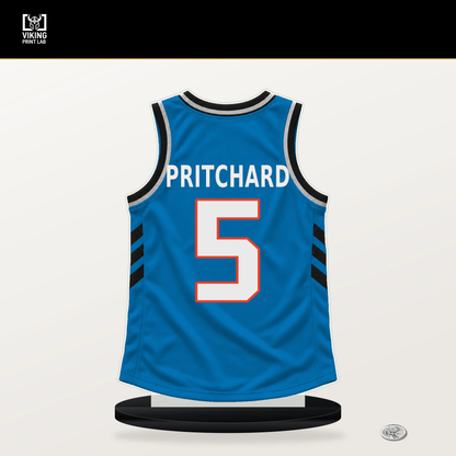 Anthony Pritchard number 5 Oklahoma City Thunder jersey stand with included black base.