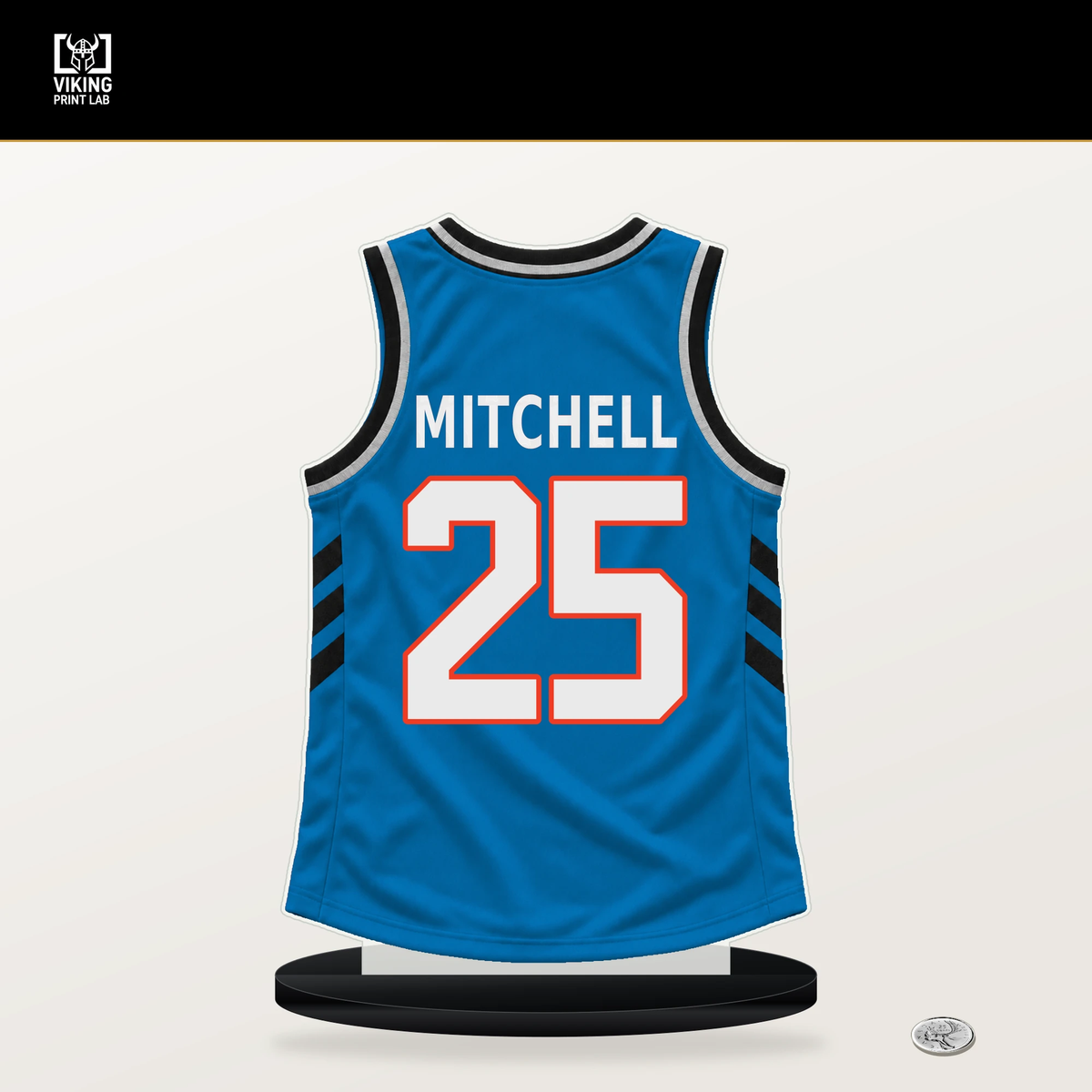 Ajay Mitchell number 25 Oklahoma City Thunder jersey stand with included black base.