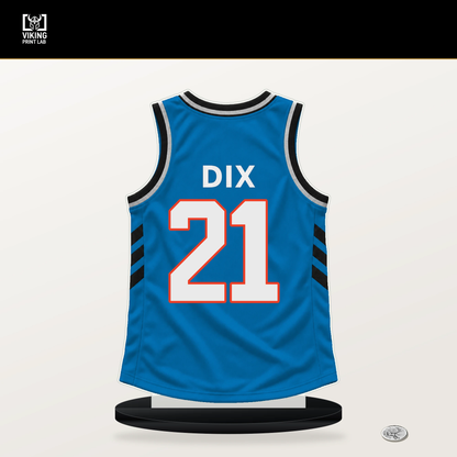 Josh Dix number 21 Oklahoma City Thunder jersey stand with included black base.