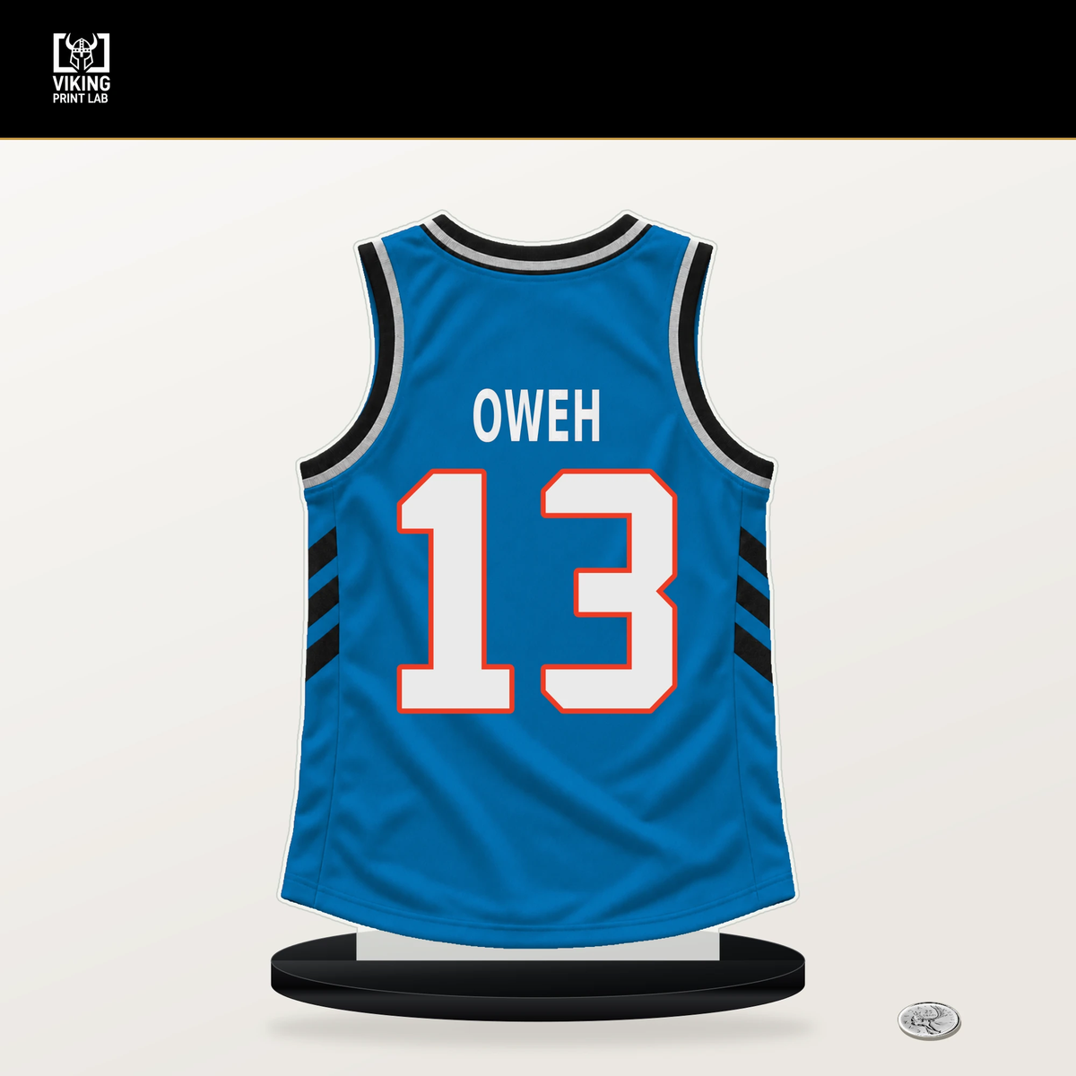 Otega Oweh number 13 Oklahoma City Thunder jersey stand with included black base.