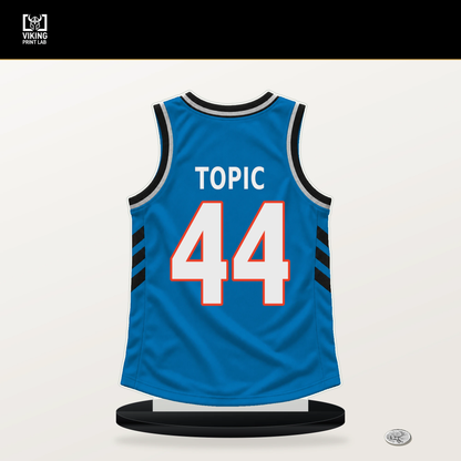 Nikola Topic number 44 Oklahoma City Thunder jersey stand with included black base.