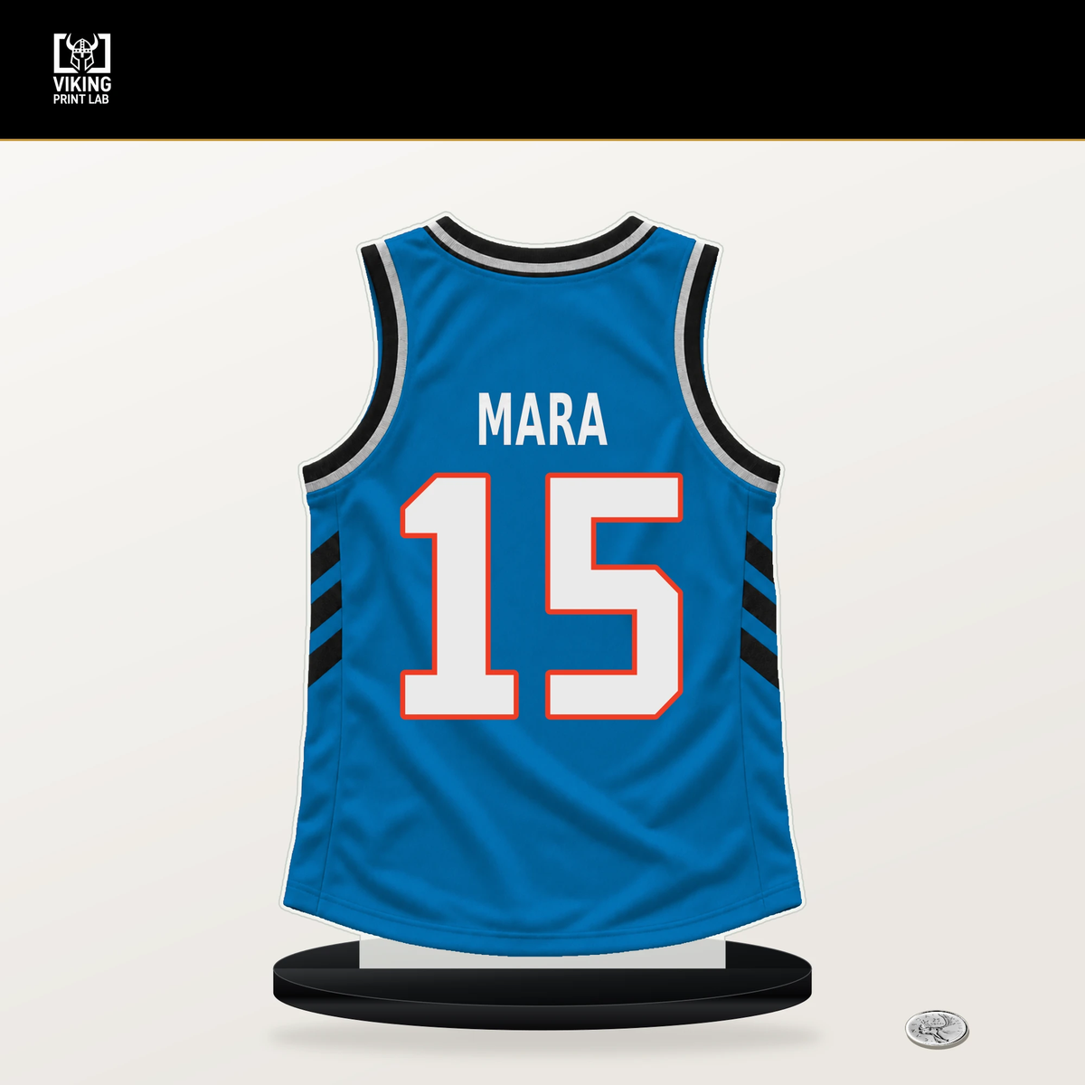 Aday Mara number 15 Oklahoma City Thunder jersey stand with included black base.