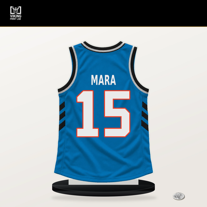 Aday Mara number 15 Oklahoma City Thunder jersey stand with included black base.