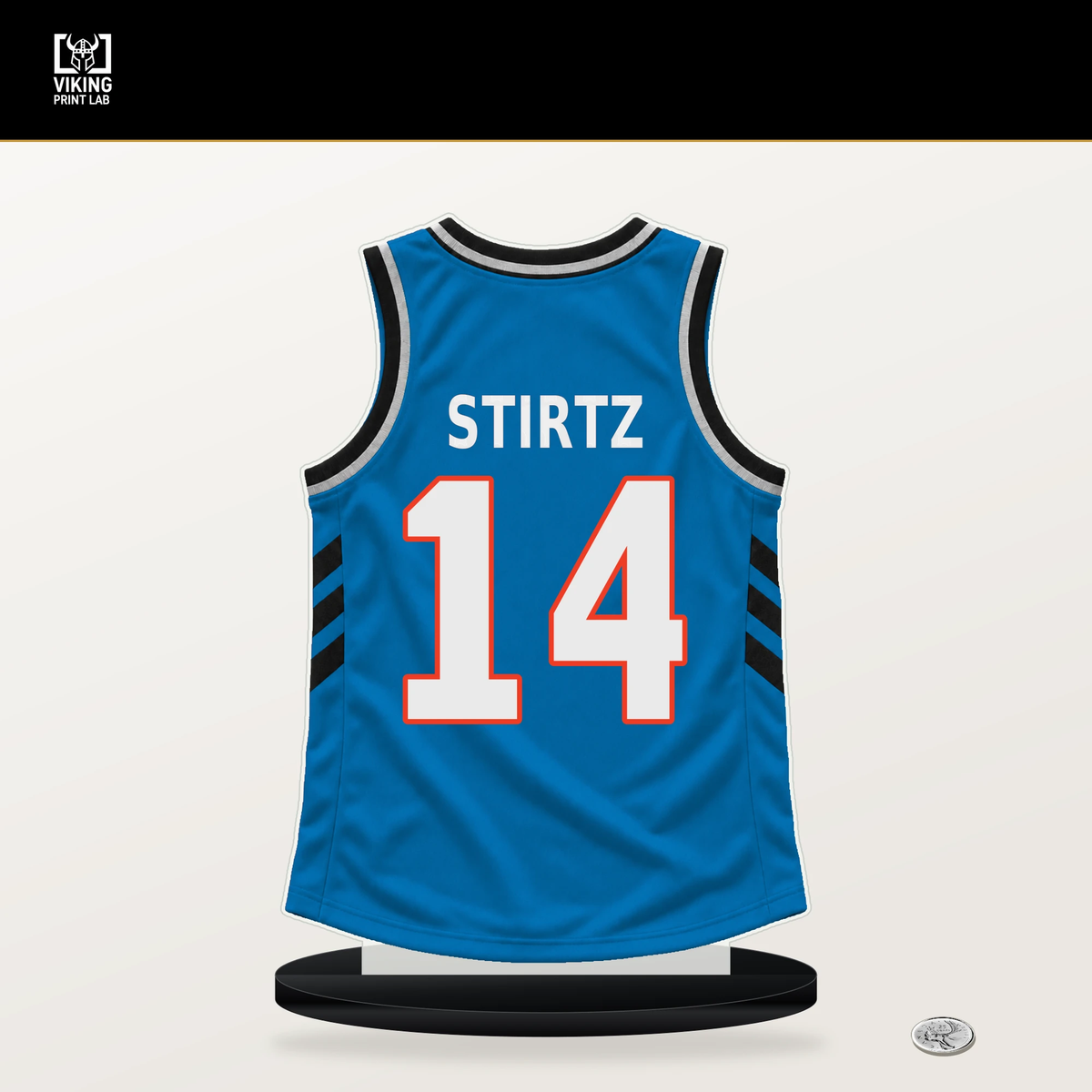 Bennett Stirtz number 14 Oklahoma City Thunder jersey stand with included black base.