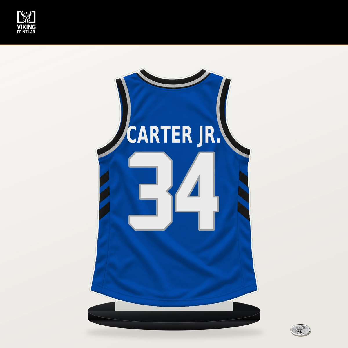 Wendell Carter Jr. number 34 Orlando Magic jersey stand with included black base.