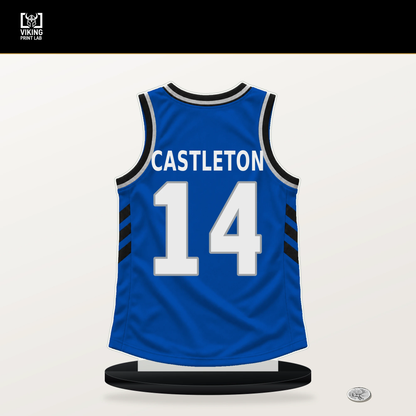 Colin Castleton number 14 Orlando Magic jersey stand with included black base.