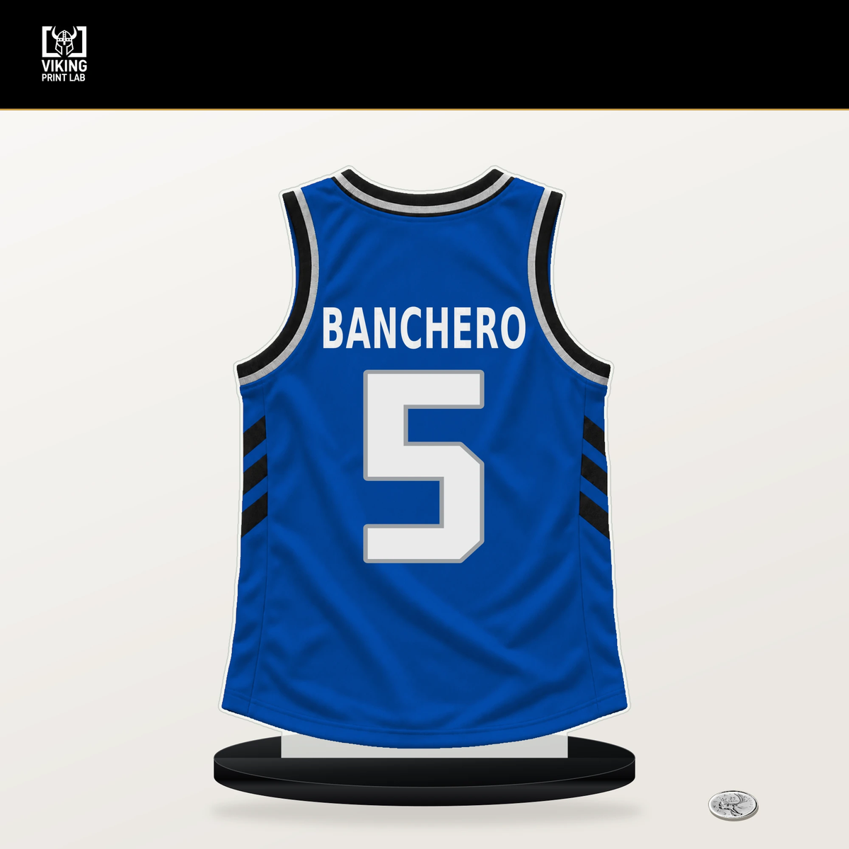 Paolo Banchero number 5 Orlando Magic jersey stand with included black base.