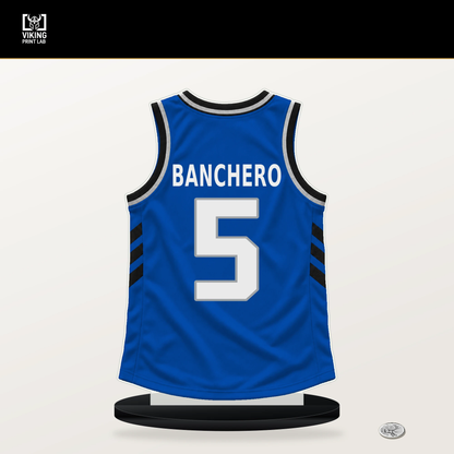 Paolo Banchero number 5 Orlando Magic jersey stand with included black base.