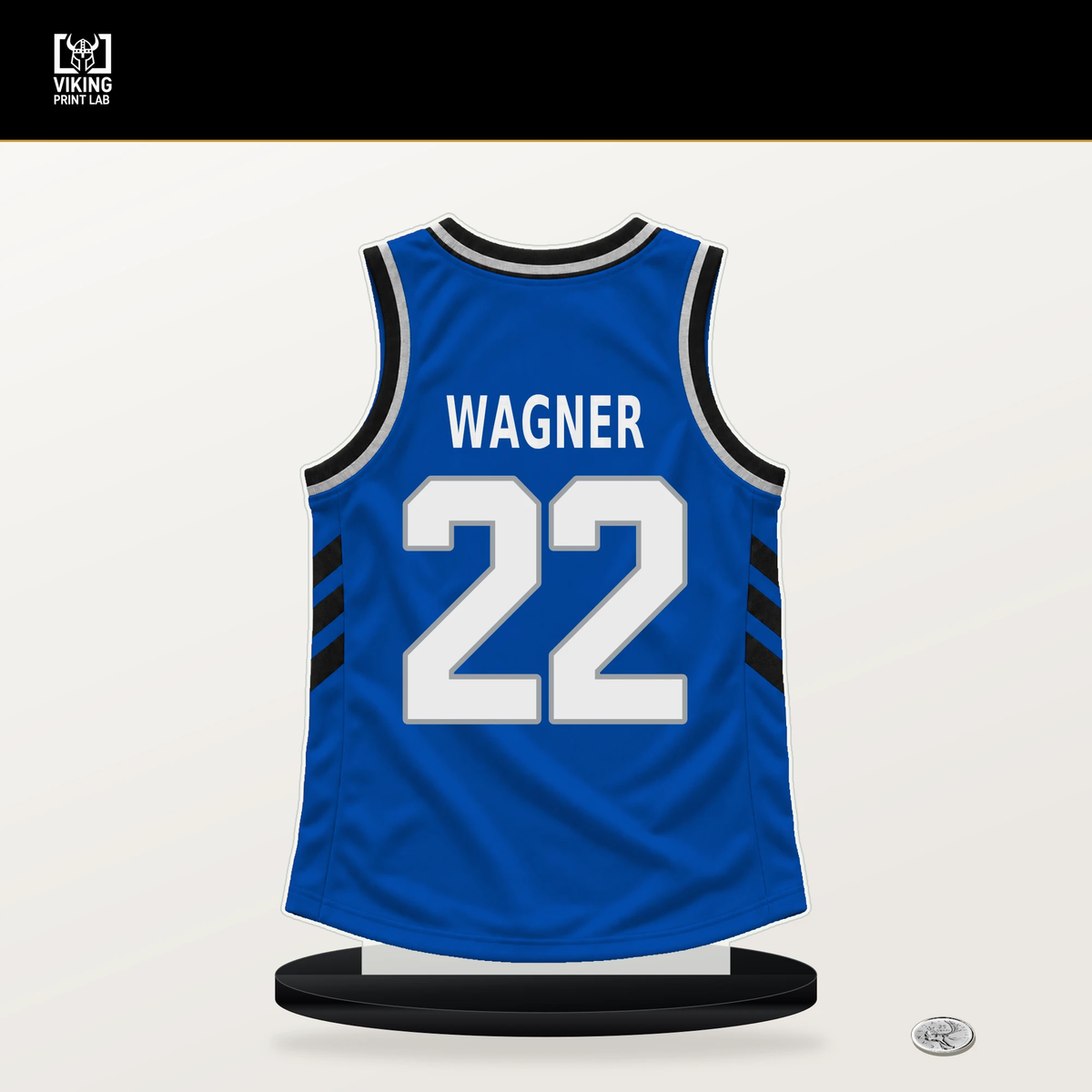 Franz Wagner number 22 Orlando Magic jersey stand with included black base.