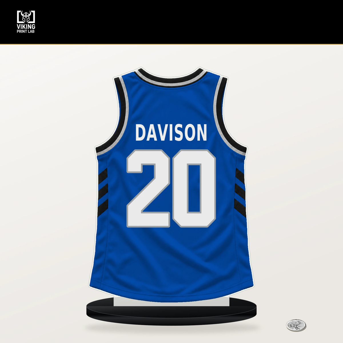 JD Davison number 20 Orlando Magic jersey stand with included black base.