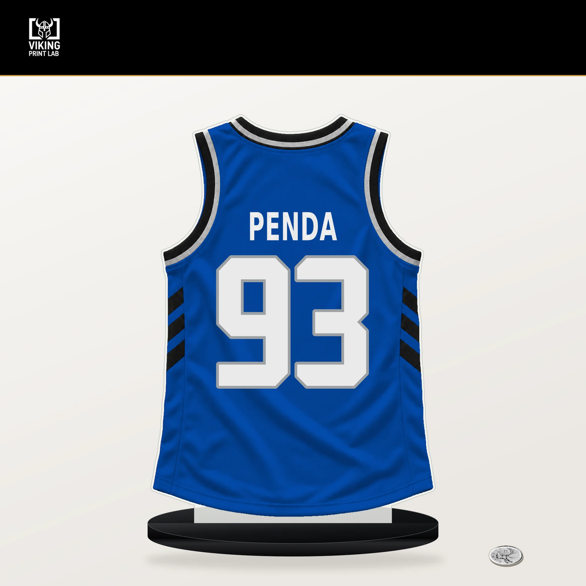 Noah Penda number 93 Orlando Magic jersey stand with included black base.