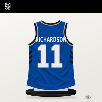 Jase Richardson number 11 Orlando Magic jersey stand with included black base.