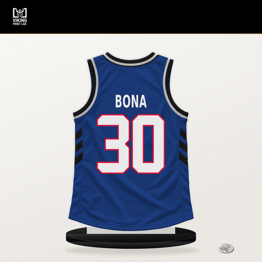 Adem Bona number 30 Philadelphia 76ers jersey stand with included black base.