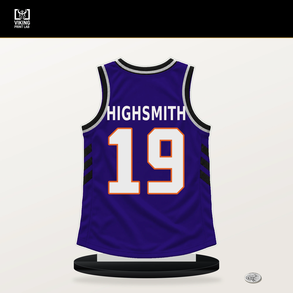 Haywood Highsmith number 19 Phoenix Suns jersey stand with included black base.