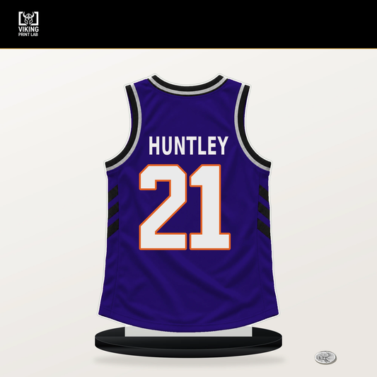 CJ Huntley number 21 Phoenix Suns jersey stand with included black base.