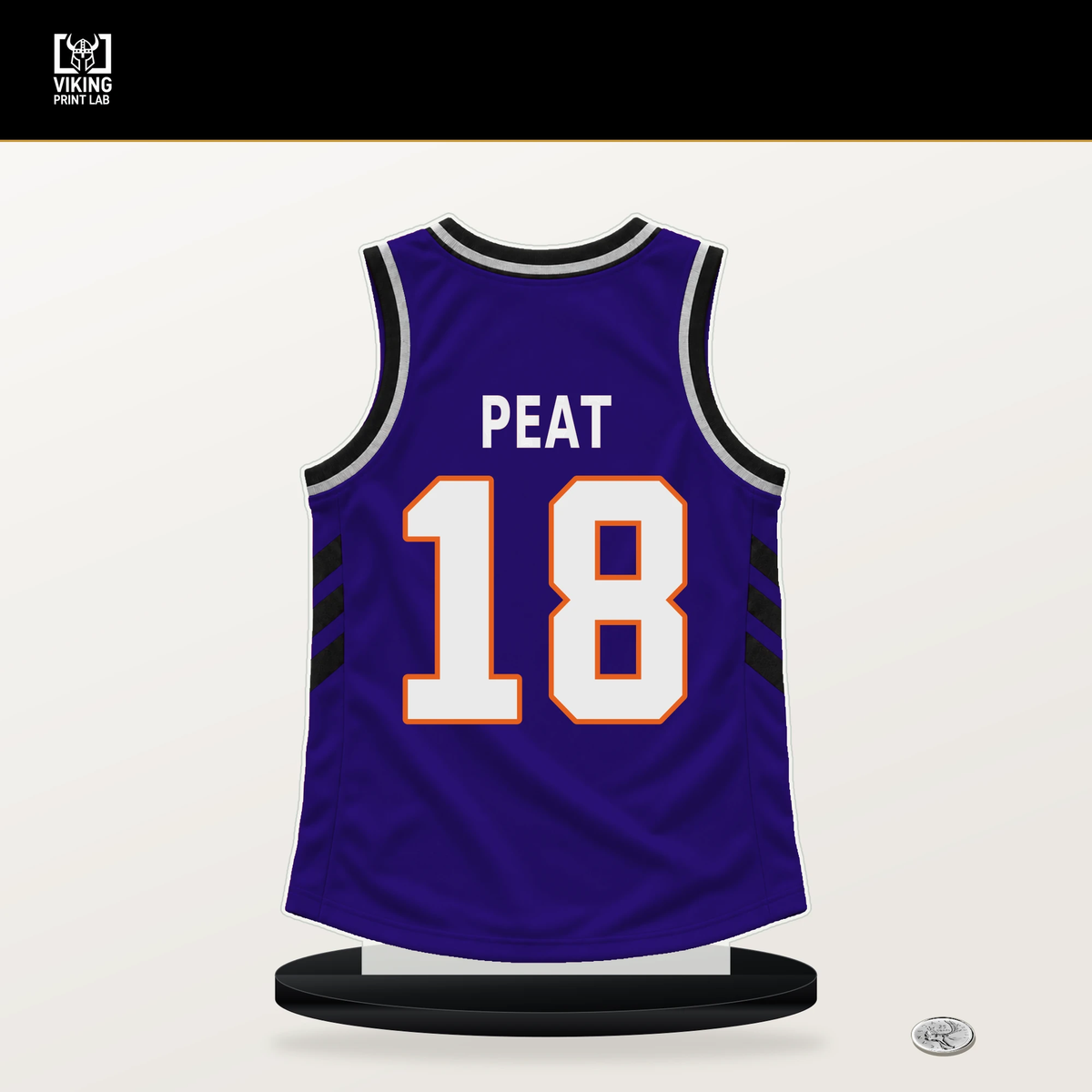 Koa Peat number 18 Phoenix Suns jersey stand with included black base.