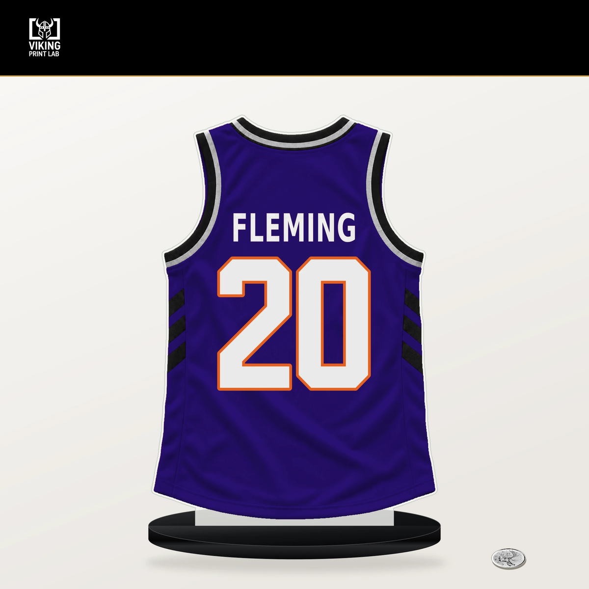 Rasheer Fleming number 20 Phoenix Suns jersey stand with included black base.