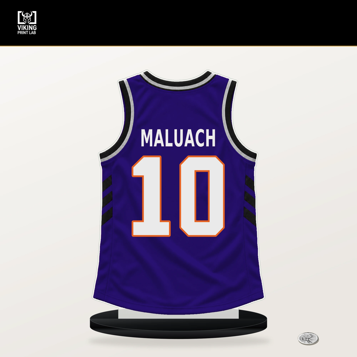 Khaman Maluach number 10 Phoenix Suns jersey stand with included black base.